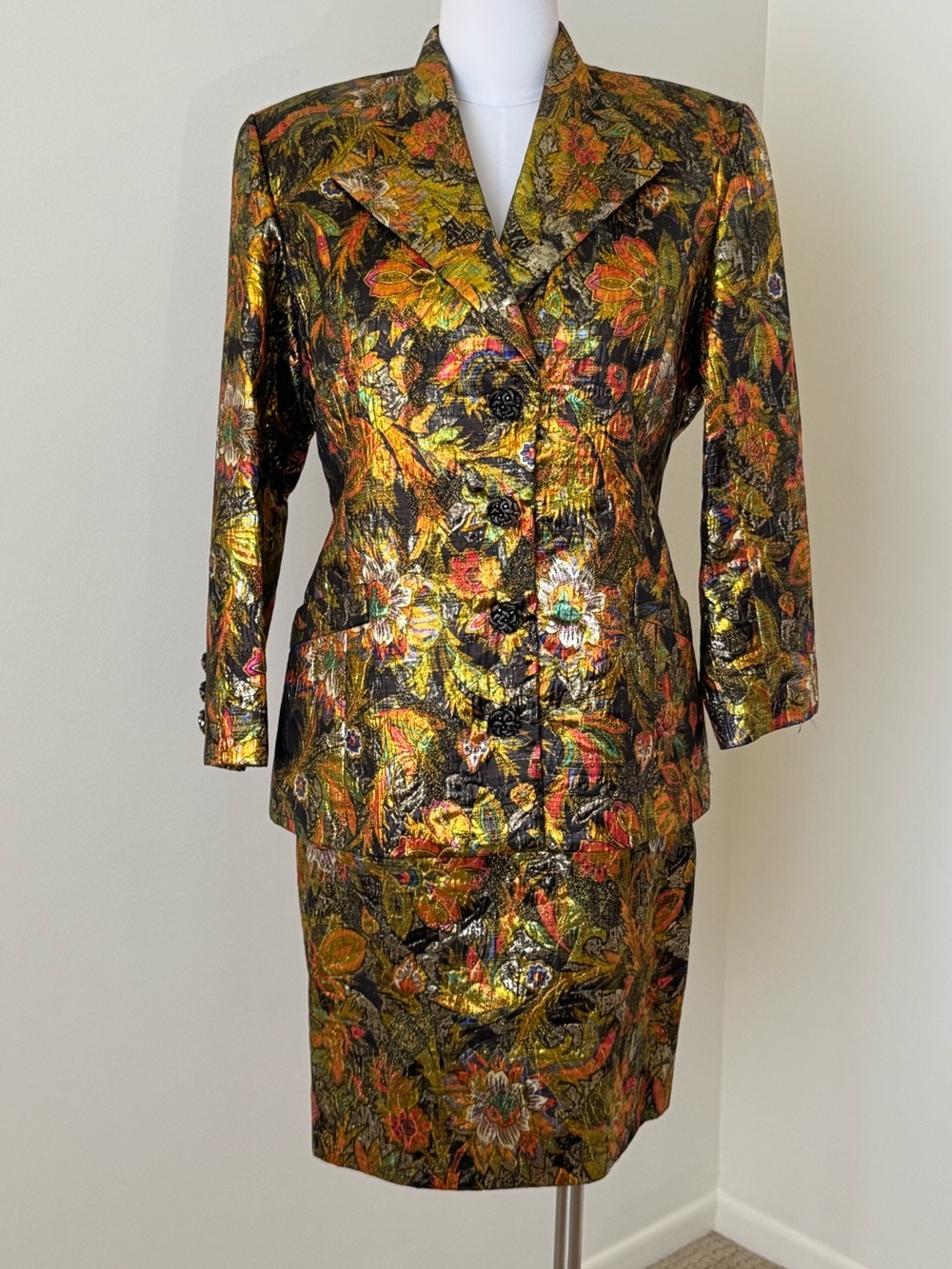 Vintage Neon Original Gold Metallic Brocade Floral Blazer Skirt Set